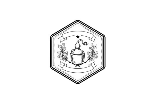 Traditional Distillery Emblem with Alembic Pot Oak Leaves and Blank Ribbons Hexagon