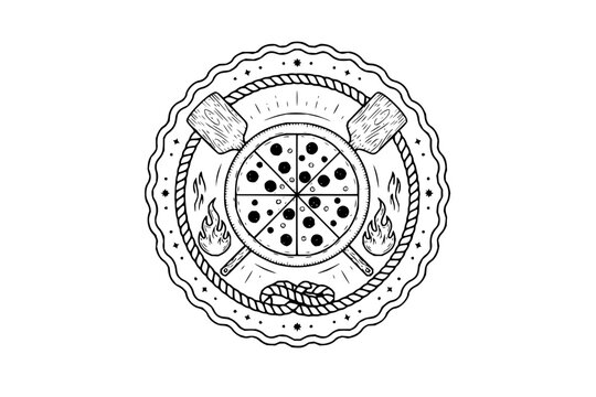 Hand drawn pizza parlor logo design with crossed peels and flame details line art