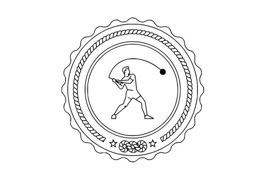 Sports emblem with hammer throw athlete silhouette, rope border and scalloped edge