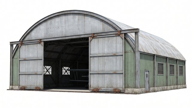Old corrugated metal airplane hangar with open doors in a rural field setting