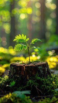 A new sapling grows from a moss-covered tree stump in a sun-dappled forest.