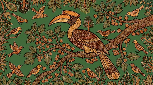 Gond art hornbill perched in a fruiting tree
