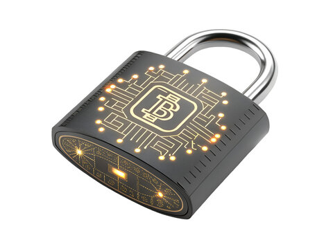 Bitcoin padlock with circuit board pattern illuminated against white background for digital security concept