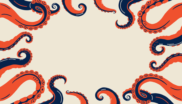 octopus tentacles border, colorful sea creature frame
