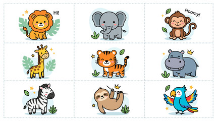 Fototapeta premium Set of cute cartoon wild animal stickers for kids.