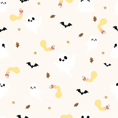 Naklejka premium Seamless pattern with cute little ghosts, quirky gourds decorated with bows, and bats on a cream background. Spooky Halloween repeating vector illustration. Lovely Happy Halloween.