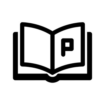 Black and white vector open book icon with letter p on the page letter p reading icon