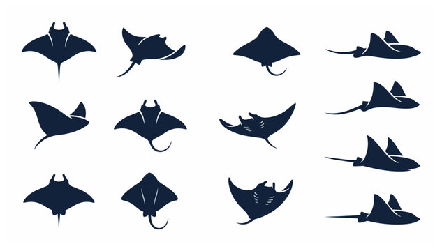 Set of stingray silhouettes in various swimming poses and angles for graphic design.
