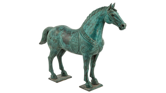Ancient green bronze horse statue antique sculpture isolated on dark background for historical themes