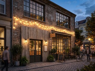 Fototapeta premium Modern coffee shop cafe storefront exterior on European urban street at dusk