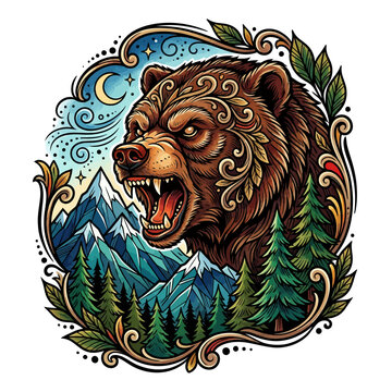 Grizzly bear roaring in mountain landscape vector illustration