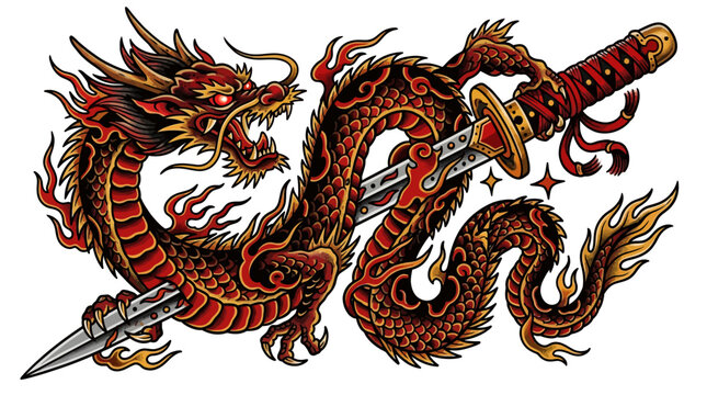 Ornate japanese dragon entwined around a sharp katana sword