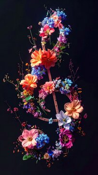 A treble clef elegantly formed from a vibrant arrangement of colorful flowers.