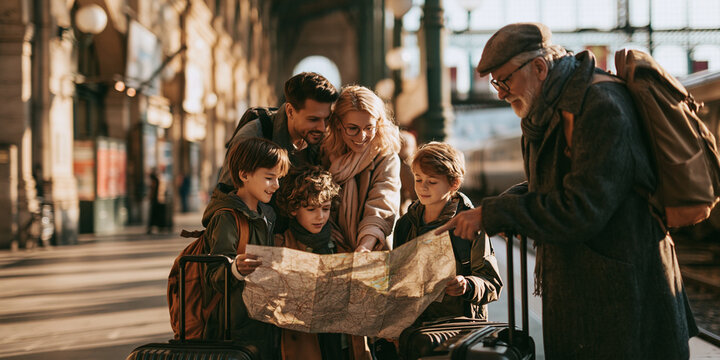 A family gathered around a large map, seemingly planning their next adventure at a train station. The scene evokes a sense of excitement and togetherness as they embark on a journey.