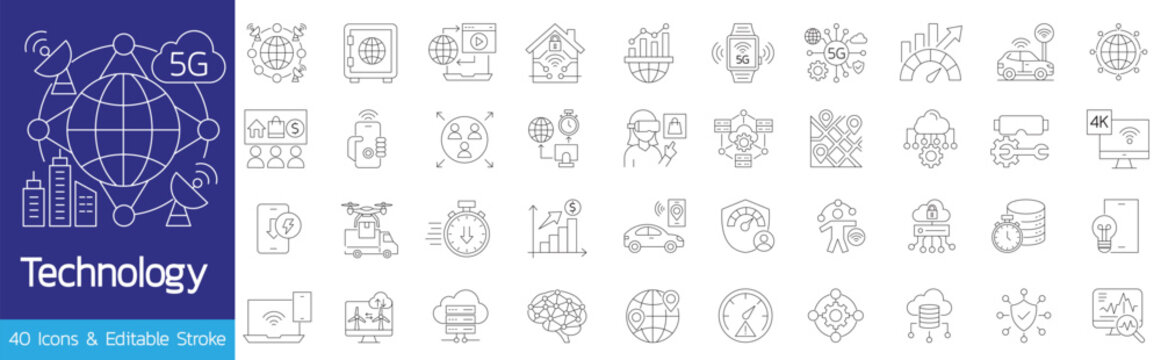 5G technology line icon set. Vector illustration of smart network, internet speed, cloud computing, autonomous car, smart home, global connection, AI, and digital communication symbols.