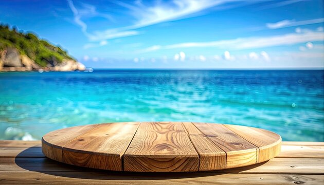 A wooden table rests on a wooden deck overlooking a tropical beach with clear turquoise waters and a lush green hillside under a bright blue sky.