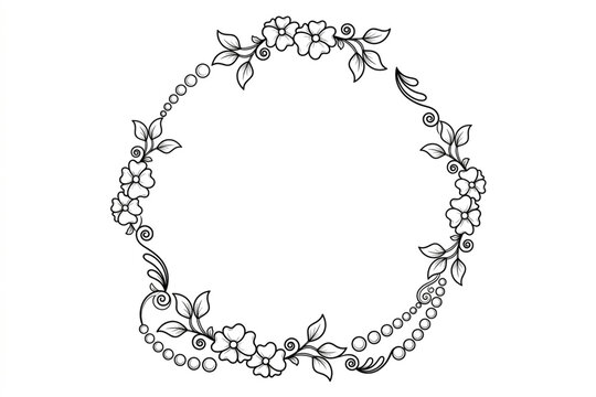 Vintage floral circular frame vector illustration. Hand drawn botanical wreath. Elegant decorative border design. Black line art for wedding and branding.