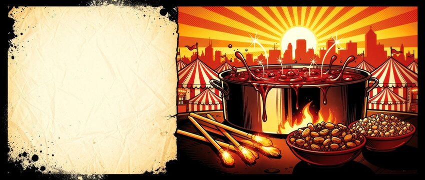 Boiling pot over fire with circus tents in comic style. Blank parchment space for text against an urban sunset. Carnival event theme, ideal for posters and promotional banners.