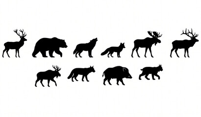 Fototapeta premium Wild Forest Animal Silhouette Collection Deer Bear Wolf Fox Moose Boar Lynx Elk Vector