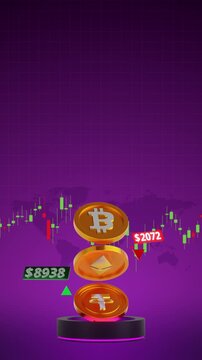 vertical video cryptocurrency coins above trading chart for financial crypto market concept