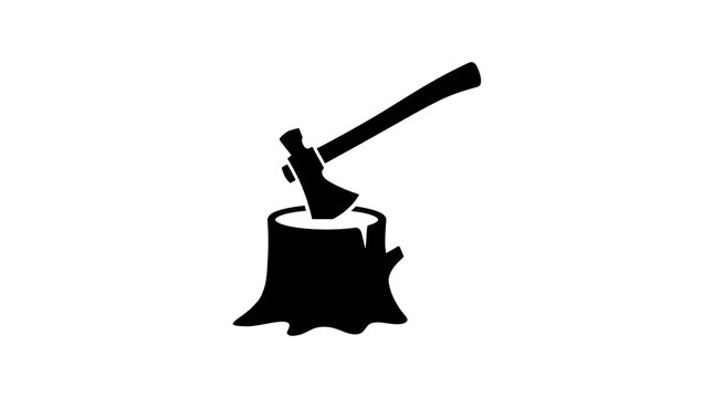 Minimalist axe stuck in a tree stump silhouette