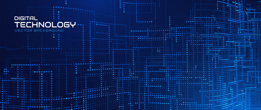 Digital Tech Background. Blue Glowing Pixel Circuit Dot Pattern. Data Lines for Fintech Innovation, Science Research, AI Artificial Intelligence and Big Data Presentation. Vector Illustration