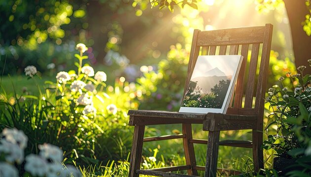 A serene garden scene with a wooden chair holding a framed picture, bathed in golden sunlight.