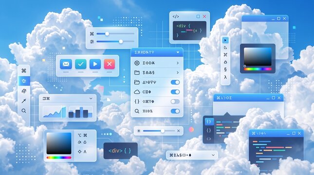 Modern computer UI elements floating in a blue sky with clouds. Surreal tech background.
