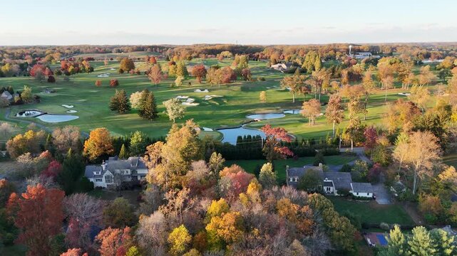 Aerial View of an Autumn Residential Neighborhood Near a Golf Course in Greenville, Delaware