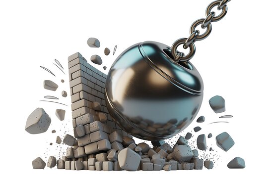 3d Cartoonish Metallic Wrecking Ball Shattering The Wall Isolated on White Background