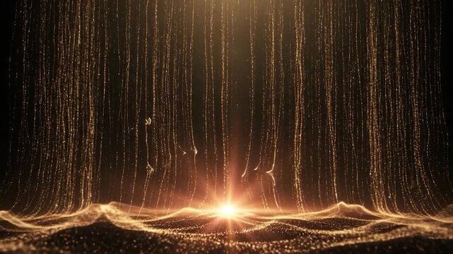 Golden glittering particles falling down and creating a wave effect on dark background