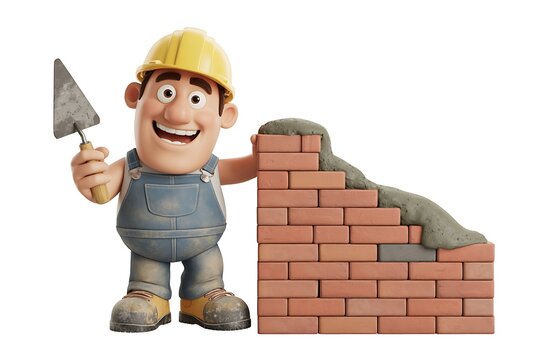3D Cartoon Bricklayer Worker Installing Brick Masonry Wall with Trowel Isolated on White Background