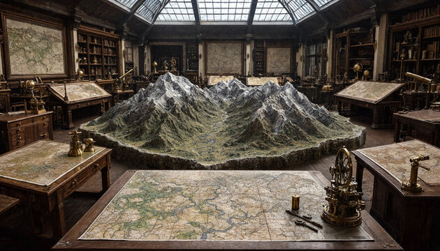 A large detailed 3d mountain range model sits in the center of an old library filled with wooden desks, vintage maps, and scientific tools
