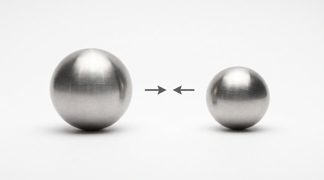 Two spheres with attraction force arrows between them, universal gravitation physics concept