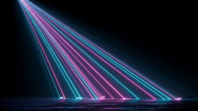 Futuristic neon laser beams shining down in the dark, creating a vibrant light show atmosphere