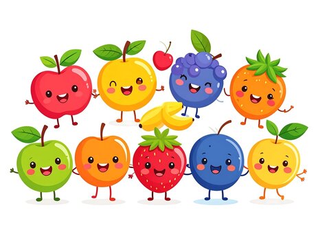 Colorful cartoon fruits and vegetables dancing in a row.