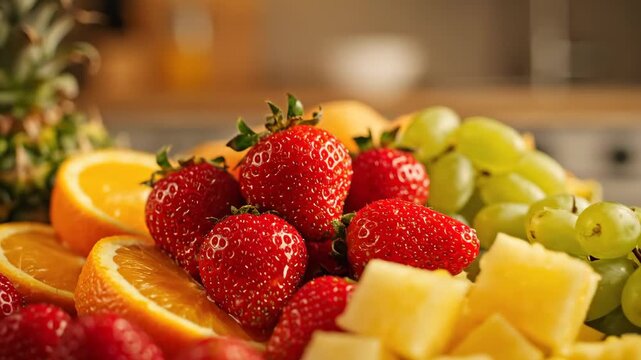 Close-up of fresh and diverse fruits on the plate, close-up of a fresh fruit platter