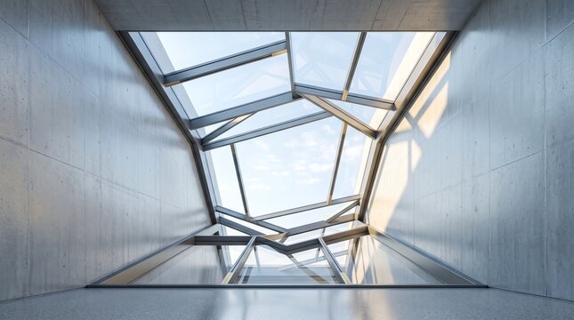 Modern concrete interior with geometric skylight structure revealing a bright sky