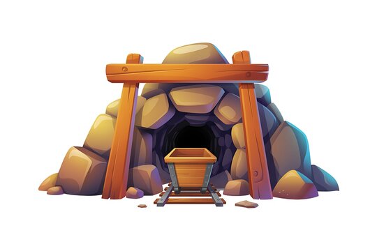 3D Cartoon Mine Entrance with Wooden Arch and Gold Ore Isolated on White Background