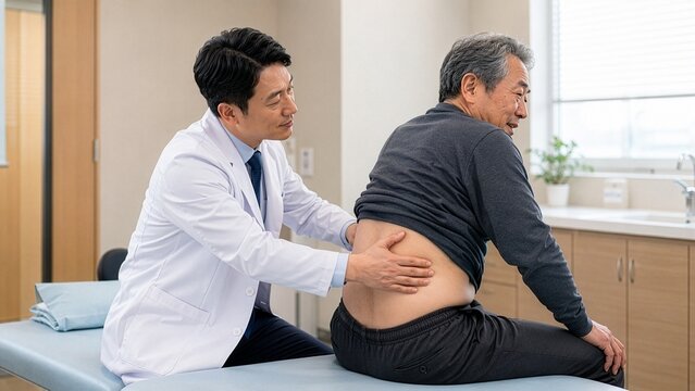 병원에서 노년 남성의 허리를 진찰하는 한국인 의사
