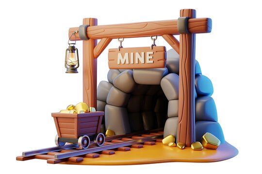 3D Cartoon Mine Entrance with Wooden Arch and Gold Ore Isolated on White Background