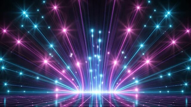 Glowing futuristic light streaks and beams in blue and purple colors radiating from the bottom