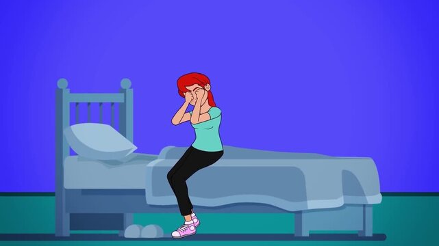 2D animation of a sad woman sitting on edge of bed holding her head in despair depression insomnia bedroom scene