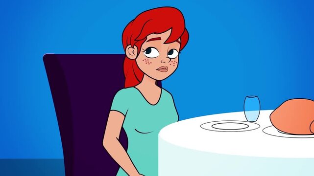 2D animation of a sad woman sitting alone at a dining table looking down at her plate blue room domestic scene