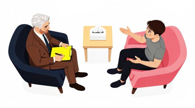Therapist taking notes during patient counseling session. Men discussing mental health concerns in a professional clinic setting. Psychology support concept for medical blogs and healthcare marketing.