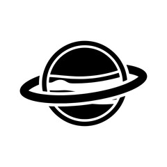 Simple solid black vector silhouette icon of planet saturn featuring distinct ring system © bonna7173
