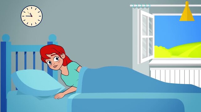 2D animation of a red-haired girl lying in bed waking up with open window showing sunny morning day weather concept