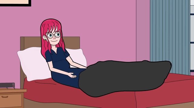 2D animation of a girl with pink hair resting under a dark blanket in bed pink room interior domestic scene