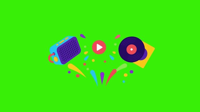 Music Player and Vinyl Record Flat Animation on Green Screen
