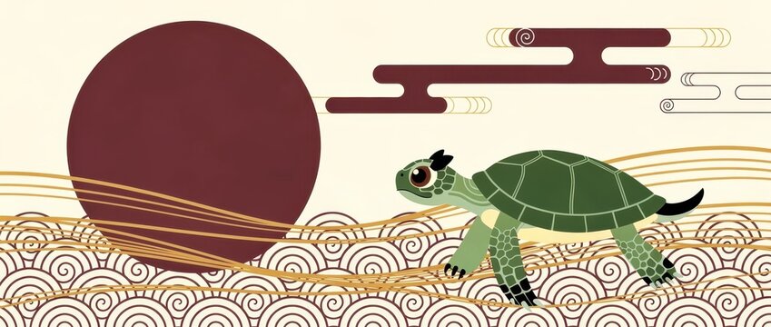 Stylized turtle walking against a large red sun and traditional waves. Illustration features Japanese art elements like spiral patterns and minimalist clouds. Oriental heritage concept.